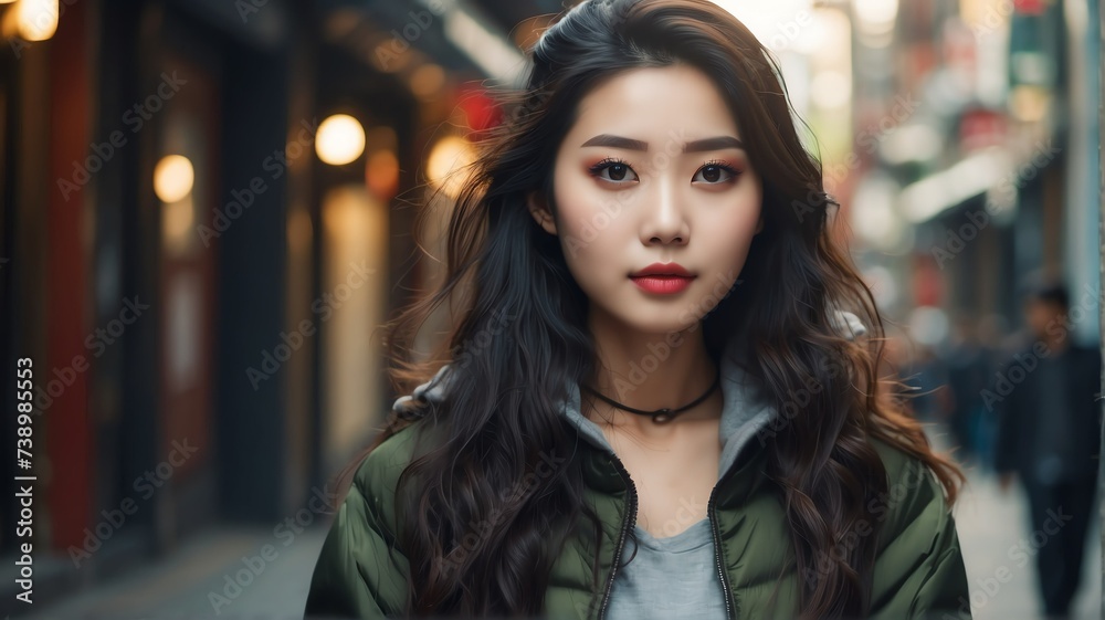 Attractive beautiful young chinese girl looking like an idol in casual street background from Generative AI Attractive beautiful young chinese girl looking like an idol in casual street background from Generative AI
