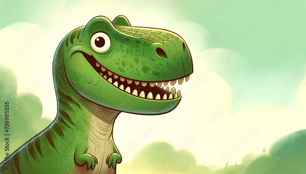 Friendly Green Tyrannosaurus Rex Smiling Against a Misty Landscape