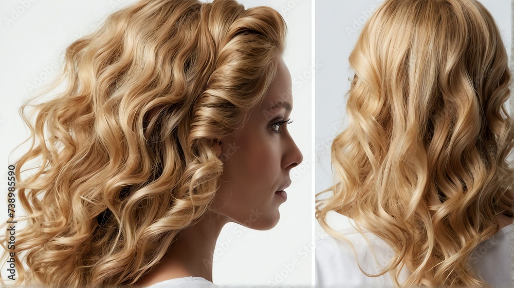 Back view of beautiful long shiny curly blonde hair of a woman on plain white background, hair products ad concept from Generative AI Back view of beautiful long shiny curly blonde hair of a woman on plain white background, hair products ad concept from Generative AI