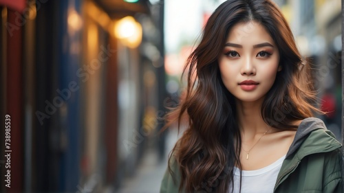 Attractive beautiful young asian girl looking like an idol in casual street background from Generative AI