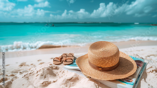 A book  a summer hat on a beach towel by the sea