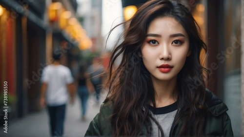 Attractive beautiful young chinese girl looking like an idol in casual street background from Generative AI