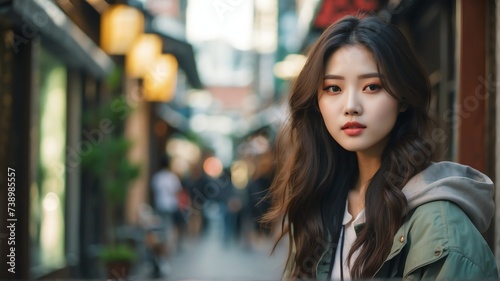 Attractive beautiful young korean girl looking like an idol in casual street background from Generative AI