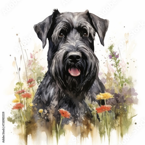 Riesenschnauzer Aquarell Portrait Hundekunst Blumenfeld Hundeillustration Haustierportrait Wandkunst Tiermalerei Hundedekor Geschenkidee Wohnzimmer Kunst für Hundeliebhaber