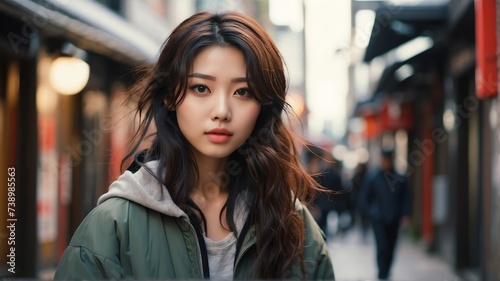 Attractive beautiful young japanese girl looking like an idol in casual street background from Generative AI