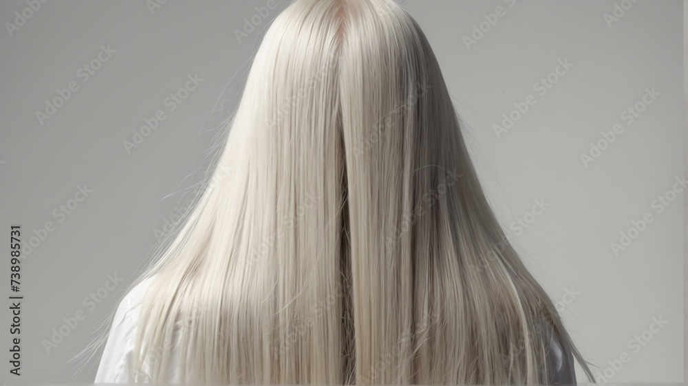 Naklejka premium Back view of beautiful long shiny straight white hair of a woman on plain white background, hair products ad concept from Generative AI