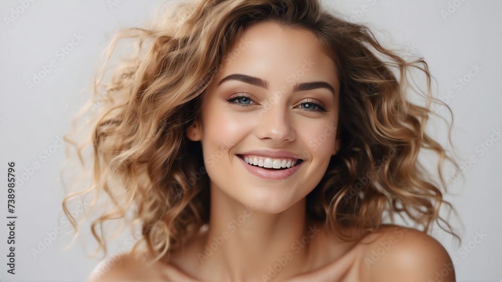 Beautiful happy smiling caucasian woman on plain bright white background for skin body care, beauty salon ad concept from Generative AI Beautiful happy smiling caucasian woman on plain bright white background for skin body care, beauty salon ad concept from Generative AI