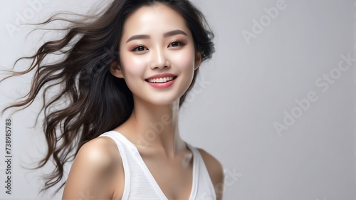 Beautiful happy smiling chinese woman on plain bright white background for skin body care  beauty salon ad concept from Generative AI