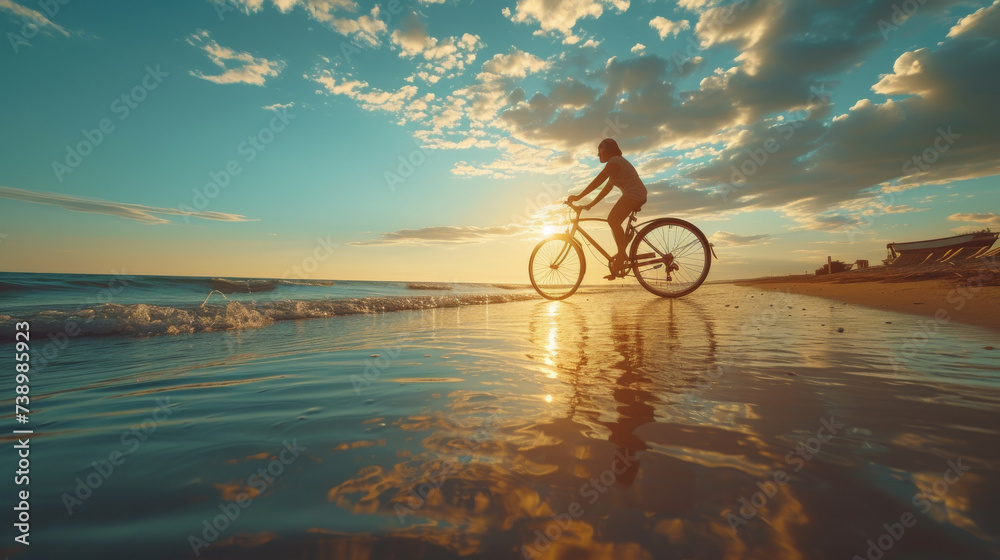 Fototapeta premium A person rides a bicycle on the beach
