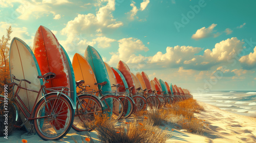 Bicycles and surfboards on the beach by the sea photo
