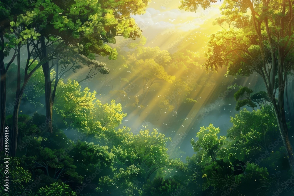A vivid landscape painting of a lush forest at dawn With the first rays of sunlight piercing through the trees.