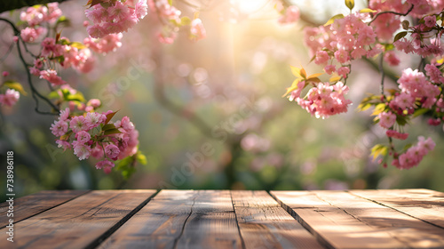Blooming Pink Sakura Branches Over Wooden Surface, Spring Awakening, Soft Light, Ideal for Invitations and Seasonal Themes