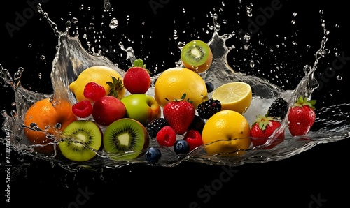 Many fruits with splash water, professional photography isolated black background Ai image generative