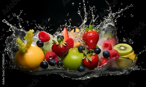 Many fruits with splash water  professional photography isolated black background Ai image generative