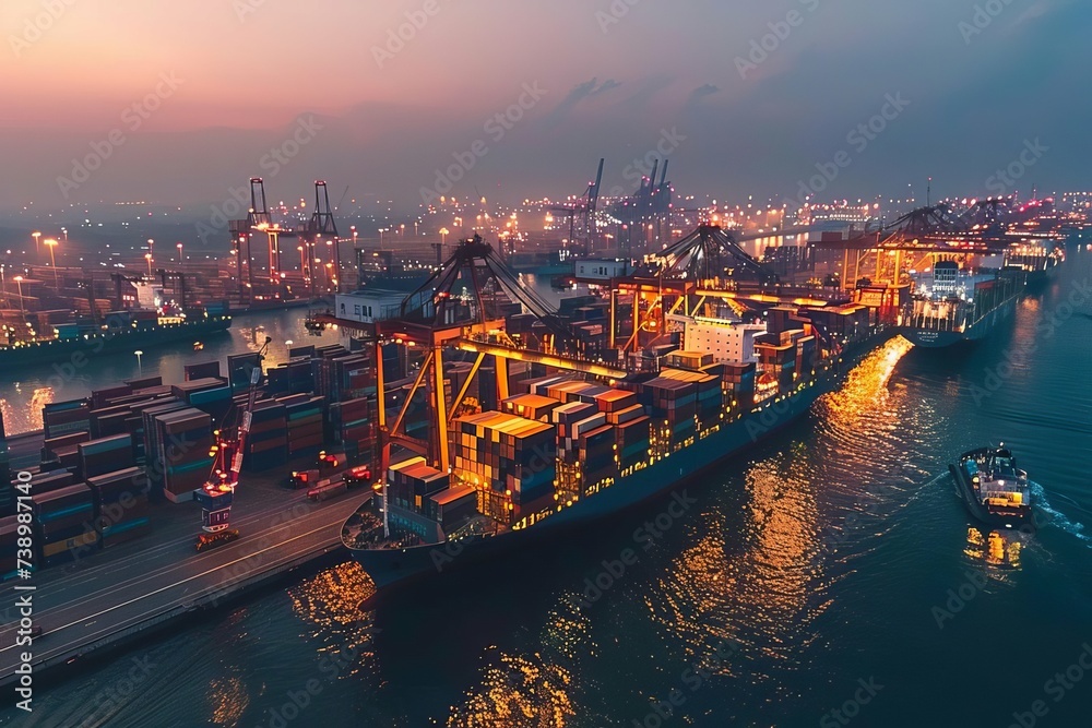 Aerial view of a bustling port with cargo ships and cranes at dusk Highlighting the global logistics and maritime commerce.