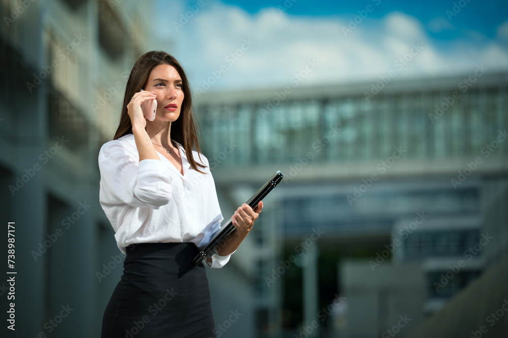 Attractive young businesswoman attends a call on her smartphone while holding a laptop on the other hand in a business district on a bright sunny day. Attractive young businesswoman attends a call on her smartphone while holding a laptop on the other hand in a business district on a bright sunny day.