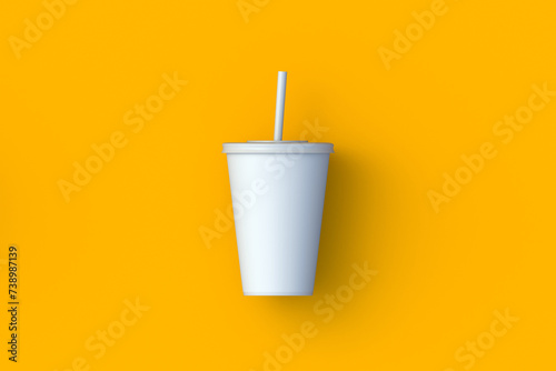 White disposable cup for beverages with straw. Plastic or paper package for soda drink. Cinema accessories. Top view. 3d render photo
