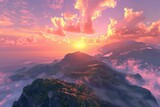 Ai-generated vista of a majestic mountain range at dawn With vibrant skies and a sense of adventure.