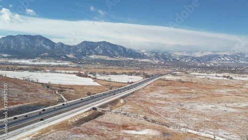A cinematic push-in drone shot captures the stunning vistas of Boulder, Colorado, as it gracefully follows along Highway 36, immersing viewers in the scenic allure of the city.