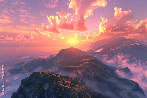 Ai-generated vista of a majestic mountain range at dawn With vibrant skies and a sense of adventure.