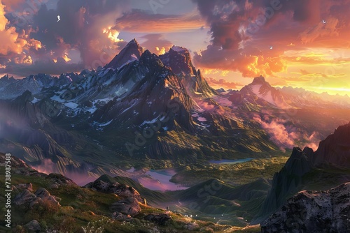 Ai-generated vista of a majestic mountain range at dawn With vibrant skies and a sense of adventure. © Lucija