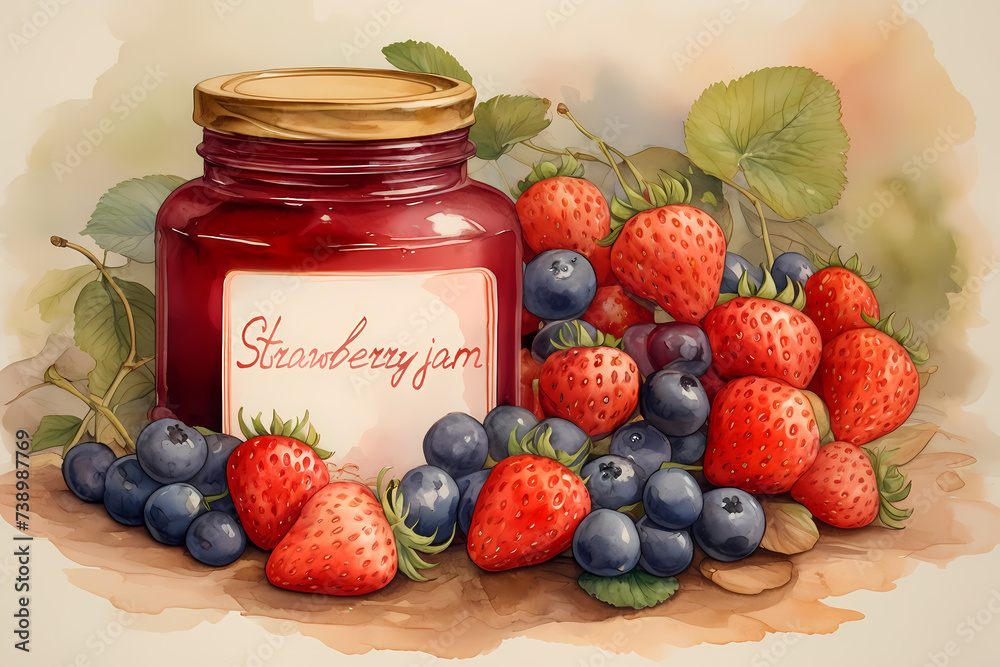 Jar of jam and strawberries and blueberries illustration made in watercolor. Jar of jam and strawberries and blueberries illustration made in watercolor.