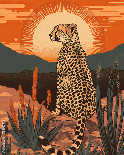 cheetah, sun-kissed palettes, visual puns, ephraim moses lilien, nature-inspired shapes, album, folio and fan formats --ar 67:84 --style raw Job ID: d4514a70-c4fe-4f3c-afbe-bea41cd74a05 photo