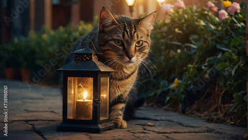 A beautiful cat playing with a Ramadan lantern