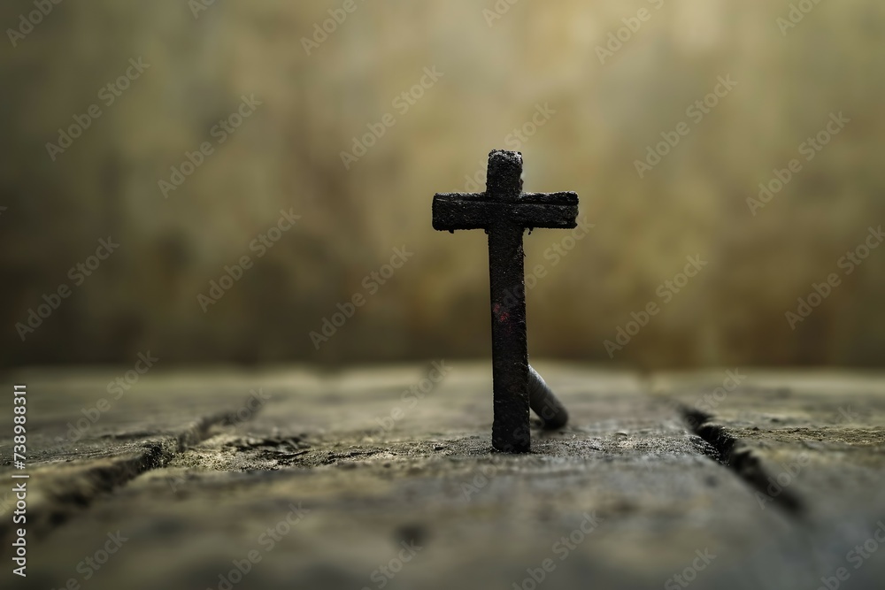 A worn cross stands against a sepia-toned, blurred backdrop