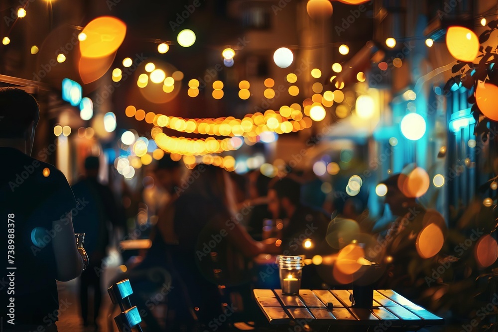 Atmospheric bokeh effect capturing the vibrant nightlife of a street bar with people enjoying music and conversation outdoors