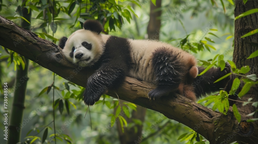 Panda Bear Sleeping on a Tree Branch, China Wildlife. nature reserve