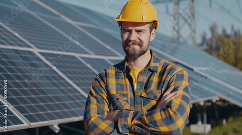 Solar environment, man and portrait of engineering industry, happy technician, manager and renewable energy of building, future innovation and architecture of electricity, sustainability and sun grid