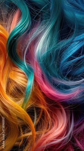 Abstract background of multicolored vibrant soft hair locks in mess