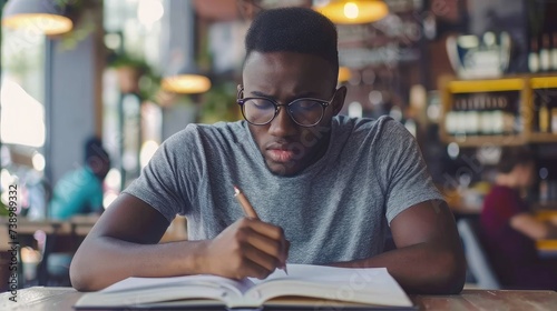 Focused millennial african american student in glasses making notes writing down information from book in cafe preparing for test or exam, young serious black man studying or working in coffee house