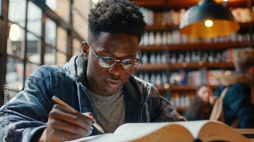 Focused millennial african american student in glasses making notes writing down information from book in cafe preparing for test or exam, young serious black man studying or working in coffee house photo