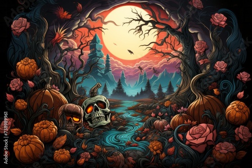 Art painting depicting a Halloween scene with pumpkins, skulls, and roses