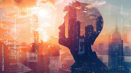 The double exposure image of the businessman looking up during sunrise overlay with cityscape image and futuristic hologram