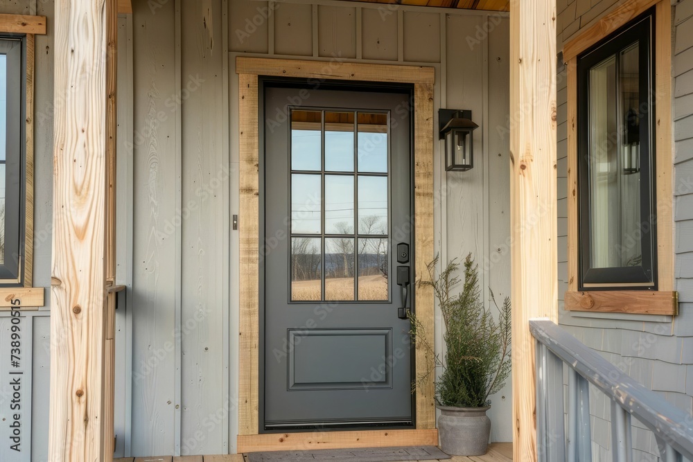 Close-up of a modern farmhouse door Painted grey with a stylish glass panel Set within a cozy porch area framed by wooden and vinyl siding.