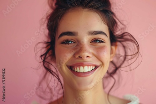 Close-up portrait of a radiant young woman with a perfect smile Ideal for beauty and dental health campaigns Isolated on a bright background.