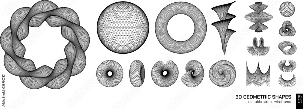 3D Geometric shapes set, editable stroke wireframe. vector outline figure collection, linear form, graphic design element. Watermark, architectural gridshell surface, organic flower growth concept