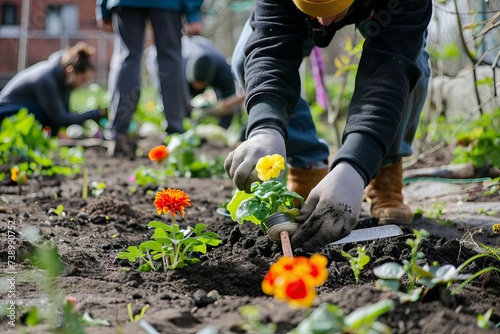 Community garden project with volunteers planting vegetables and flowers Creating a green space for urban residents to connect with nature