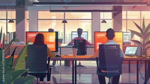 illustration of people in a daytime office working on their computers in high resolution and quality