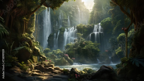   View of a waterfall in a tropical rainforest  with mossy rocks.  