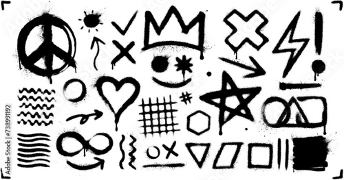 Set of black graffiti spray pattern. Heart, crown, thunder symbol collection. Arrow, infinity, wave geometric shapes. Circle, square, triangle graphic design element. Peace, freedom street art concept