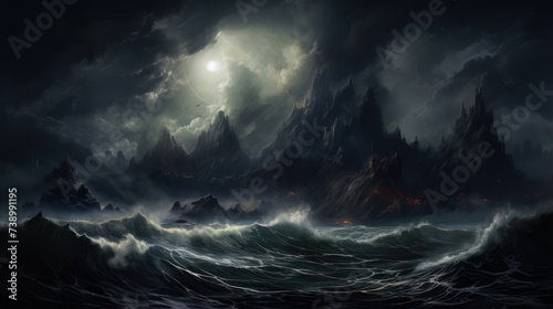 Lightning storm in the sea of violent waves