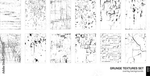 Collection of urban grunge textures. Dirty and distressed paint on old brick wall. Crackle line, holes, scratch on concrete. Stone, plaster surface. Abstract vector overlay backgrounds set. Street art
