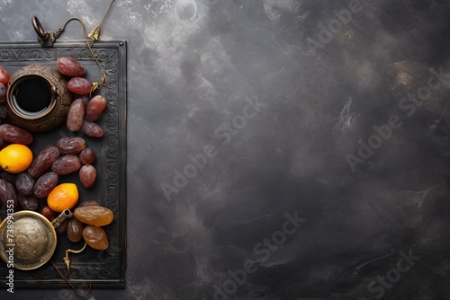 Top view image of decoration Ramadan Kareem background, hands picking up dates fruit, tea and rosary beads. Flat lay background with copy space - generative ai