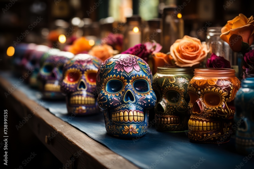 A row of bone skulls on a table, a haunting still life art piece