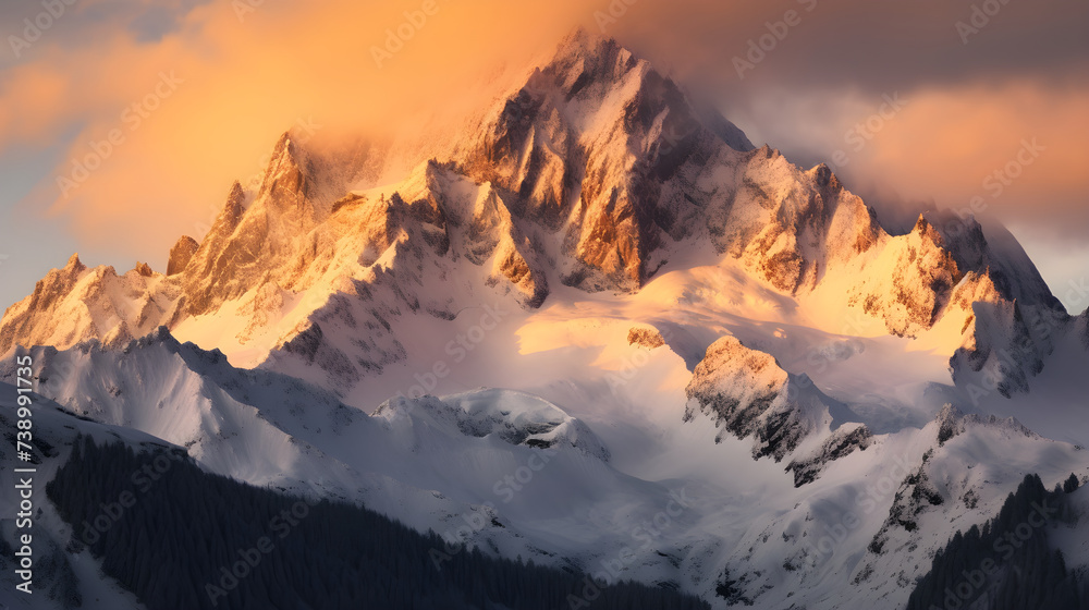 The Majestic Beauty of FW Mountains Bathed in Golden Sunset Light: A Spectacular Vista of Snow-Covered Peaks Against A Clear Sky
