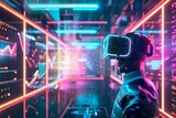 Digital art concept showcasing virtual reality space with neon lights and futuristic elements for immersive experiences.